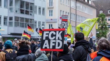 Demonstranten schwenken Deutschlandfahnen und halten Plakate gegen die AfD hoch.