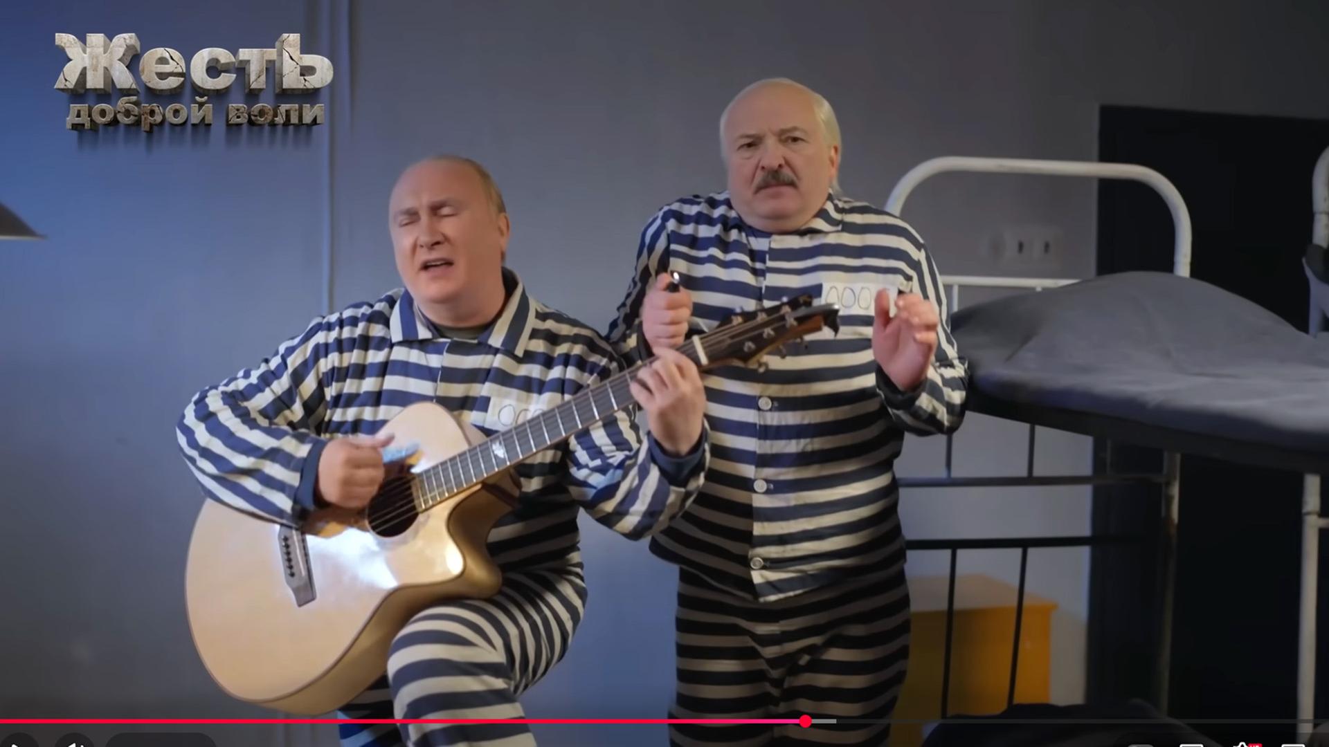 Screenshot von einem Youtube Video, auf dem das animierte Bild von zwei Sträflingen zu sehen ist. Einer, der aussieht wie Putin, spielt Gitarre.