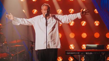 Rainald Grebe ist in der Mitte des Bildes zu sehen. Die Bühne ist rot und blau beleuchtet. Rainald Grebe trägt ein weißes Hemd. 