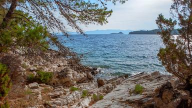 Steiniges Küstenufer in Kroatien, von Bäumen umrahmt, mit Blick auf das blaue Meer und entfernte Inseln am Horizont.