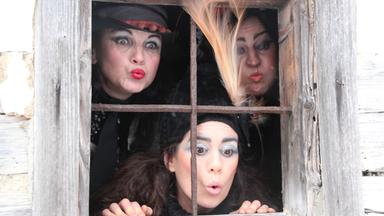 Das Bild zeigt eine Gruppe von drei Frauen, die durch ein Fenster schauen. Die Frauen tragen auffällige Kostüme, die an Hexen erinnern. Eine der Frauen hat einen schwarzen Hut mit einer Feder und eine lebhafte Schminkgestaltung, einschließlich auffälliger Augenfarbe und roten Lippen. Die anderen beiden Frauen haben ebenfalls markante Make-up-Styles, während sie verschiedene Gesichtsausdrücke zeigen, die Neugier und Überraschung ausstrahlen.   Das Fenster hat ein Gitter aus rostigem Metall und ist in eine rustikale Holzwand eingelassen. Im Hintergrund ist eine dunkle Umgebung zu erkennen. Die Gesamtatmosphäre des Bildes ist geheimnisvoll und spiegelt die magischen und mythologischen Themen wider, die mit den Rauhnachtgeschichten verbunden sind.