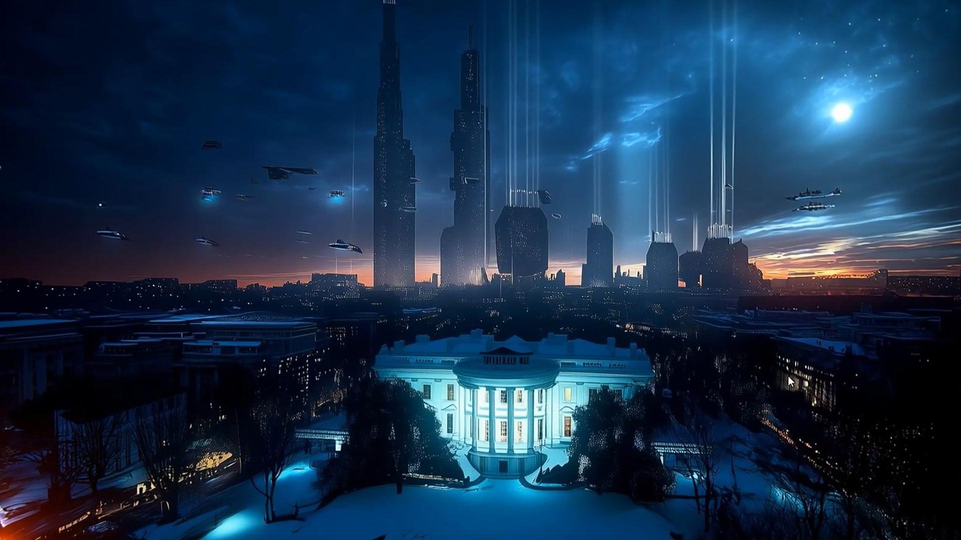 Computergeneriertes Bild eines futuristischen Washingtons bei Nacht: Im Vorderdrung ist das weiße Haus hell erleuchtet zu sehen, im Hintergrund ragen riesige Wolkenkratzer in den Nachthimmel.
