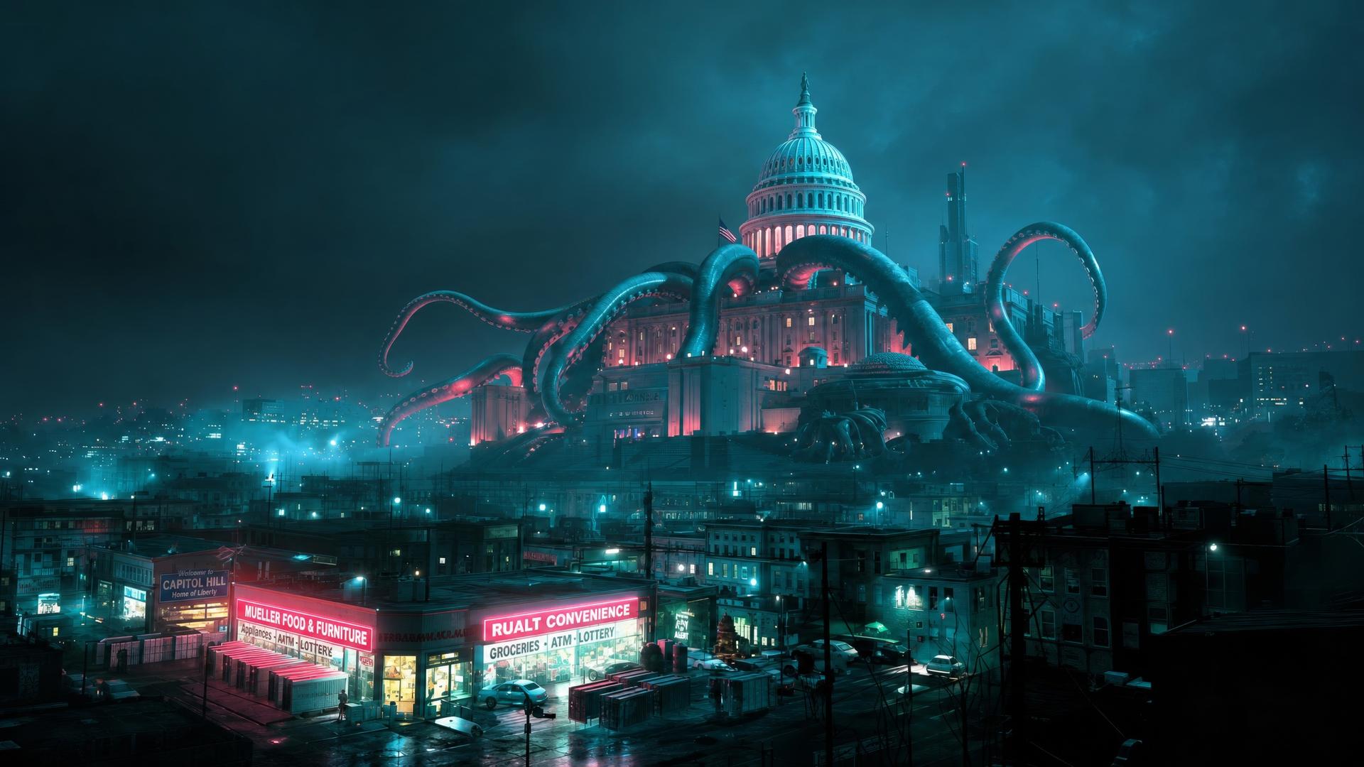 KI-generiertes Bild von einer Stadt im Dunkeln, über der sich ein beleuchtetes Capitol erhebt, um das sich Tentakeln schlingen.