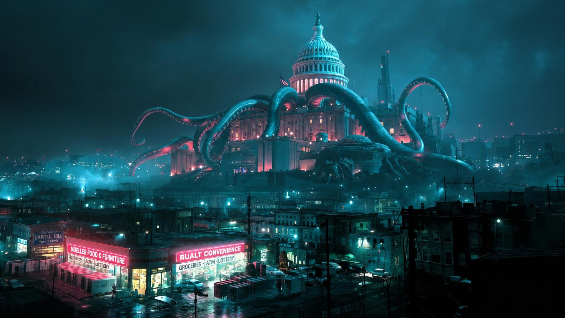 KI-generiertes Bild von einer Stadt im Dunkeln, über der sich ein beleuchtetes Capitol erhebt, um das sich Tentakeln schlingen.