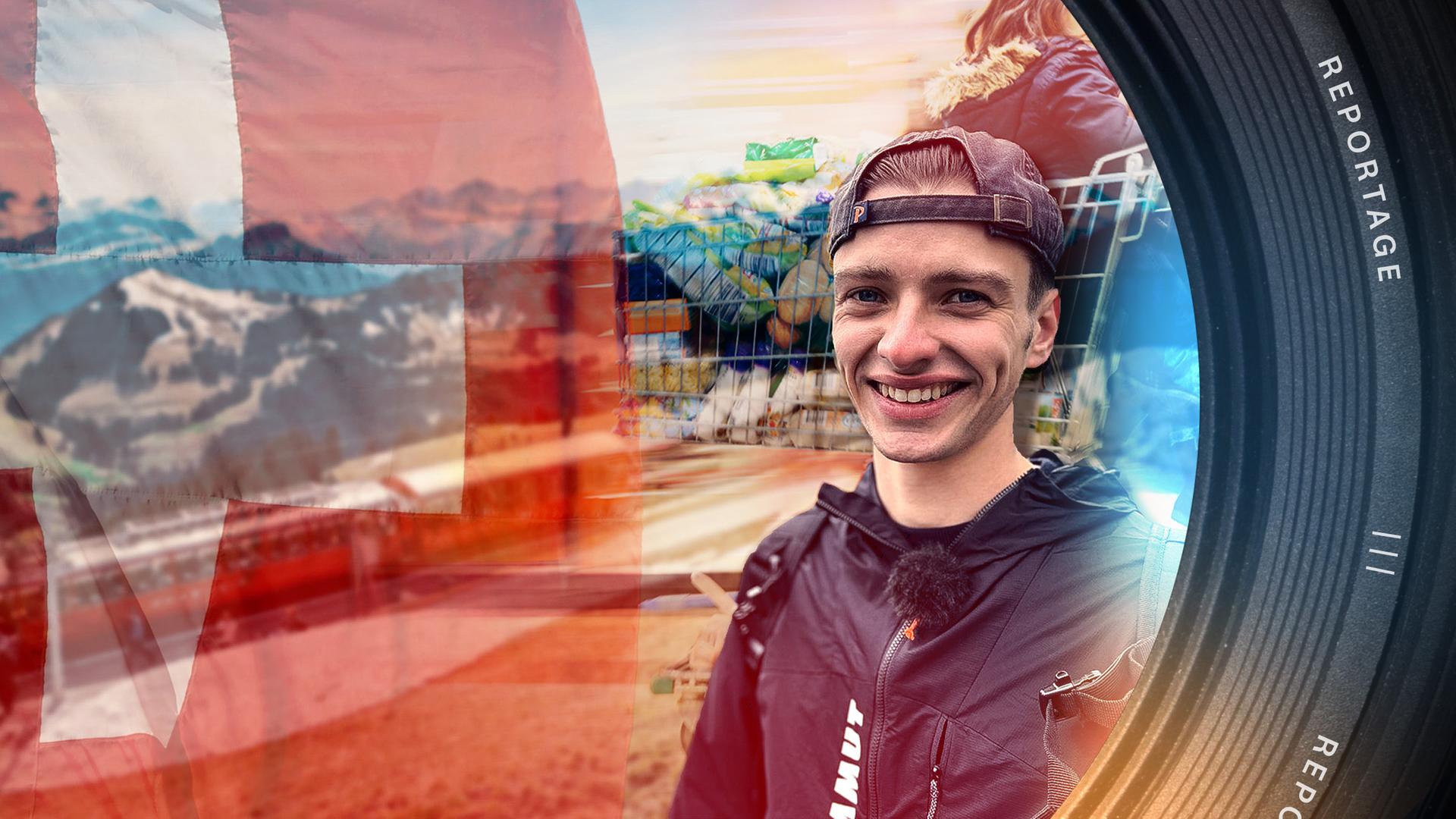 Niklas steht in den Schweizerbergen, hinter ihm fährt eine Bergbahn. Dahinter liegt ein Alpenpanorama.