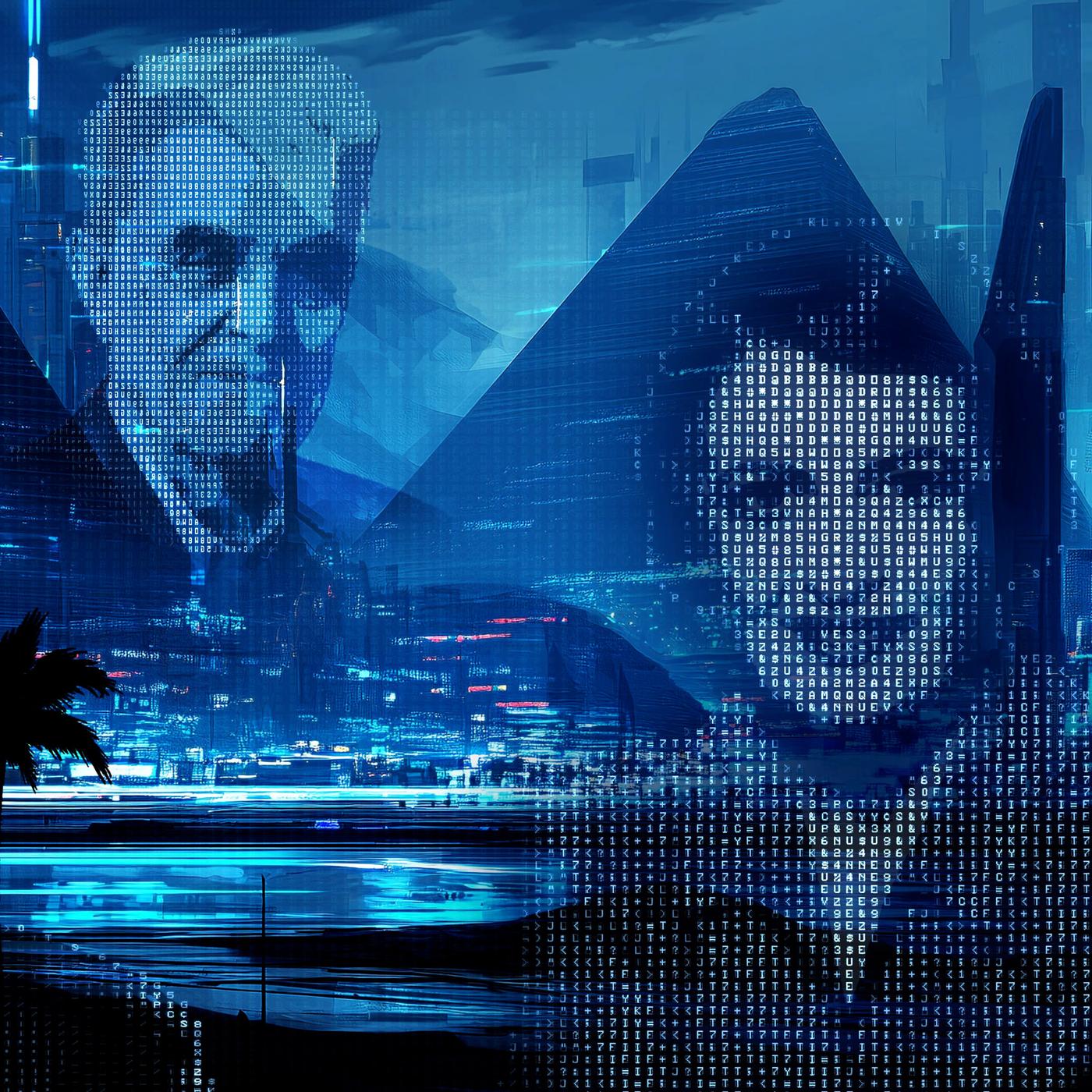 Auf einem blau eingefärbten Foto von einem See mit beleuchteter Stadt und Palmen sind 3 verpixelte Porträtfotos von Personen montiert.