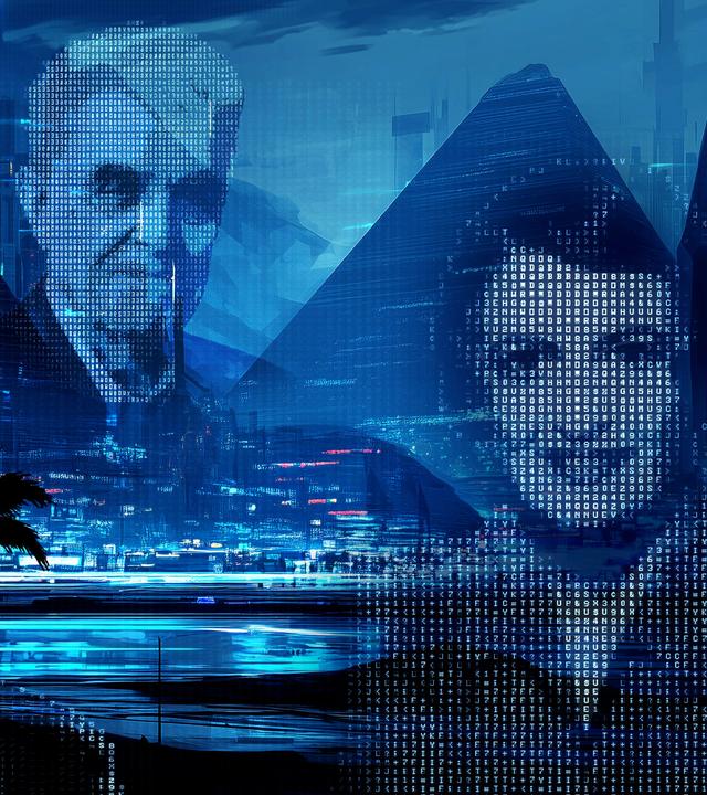 Auf einem blau eingefärbten Foto von einem See mit beleuchteter Stadt und Palmen sind 3 verpixelte Porträtfotos von Personen montiert.