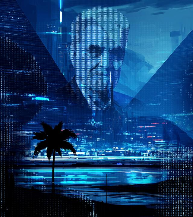 Auf einem blau eingefärbten Foto von einem See mit beleuchteter Stadt und Palmen sind 3 verpixelte Porträtfotos von Personen montiert.