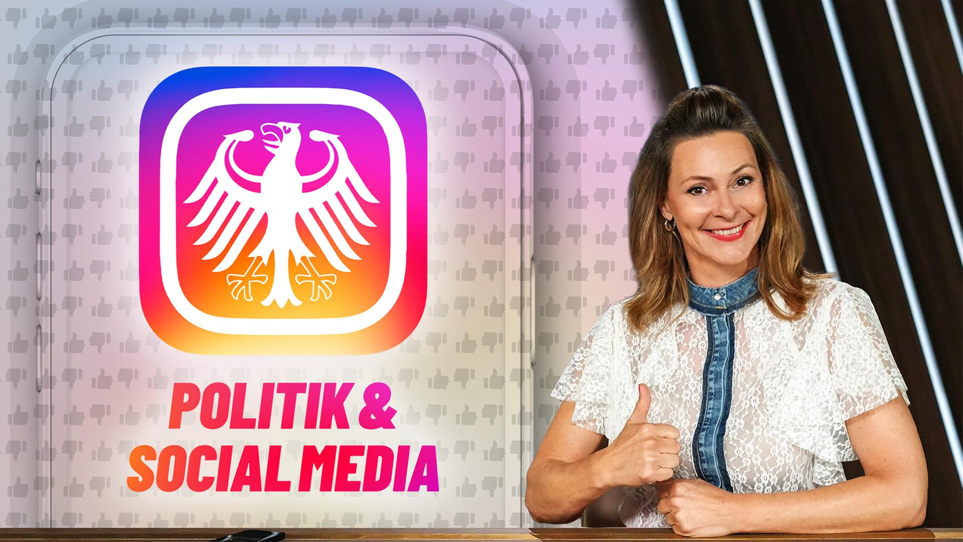 Moderatorin Anja Reschke macht den Daumen hoch. Daneben der Bundesadler im bekannten Instagram-Rahmen