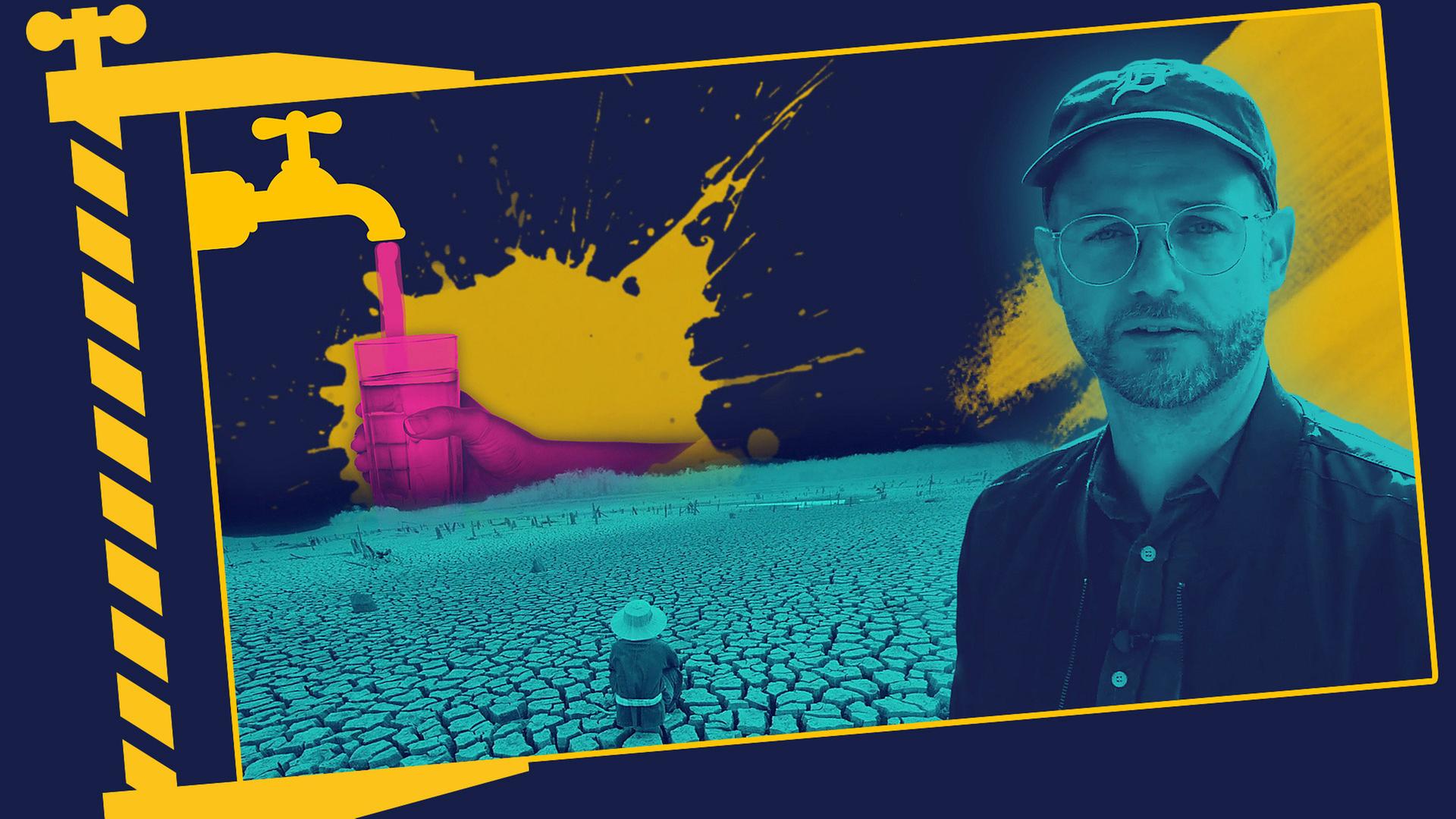 Collage aus Bildern vom Moderator, ausgetrocknetem Lehmboden, einem Wasserhahn, und einem Glas Wasser.