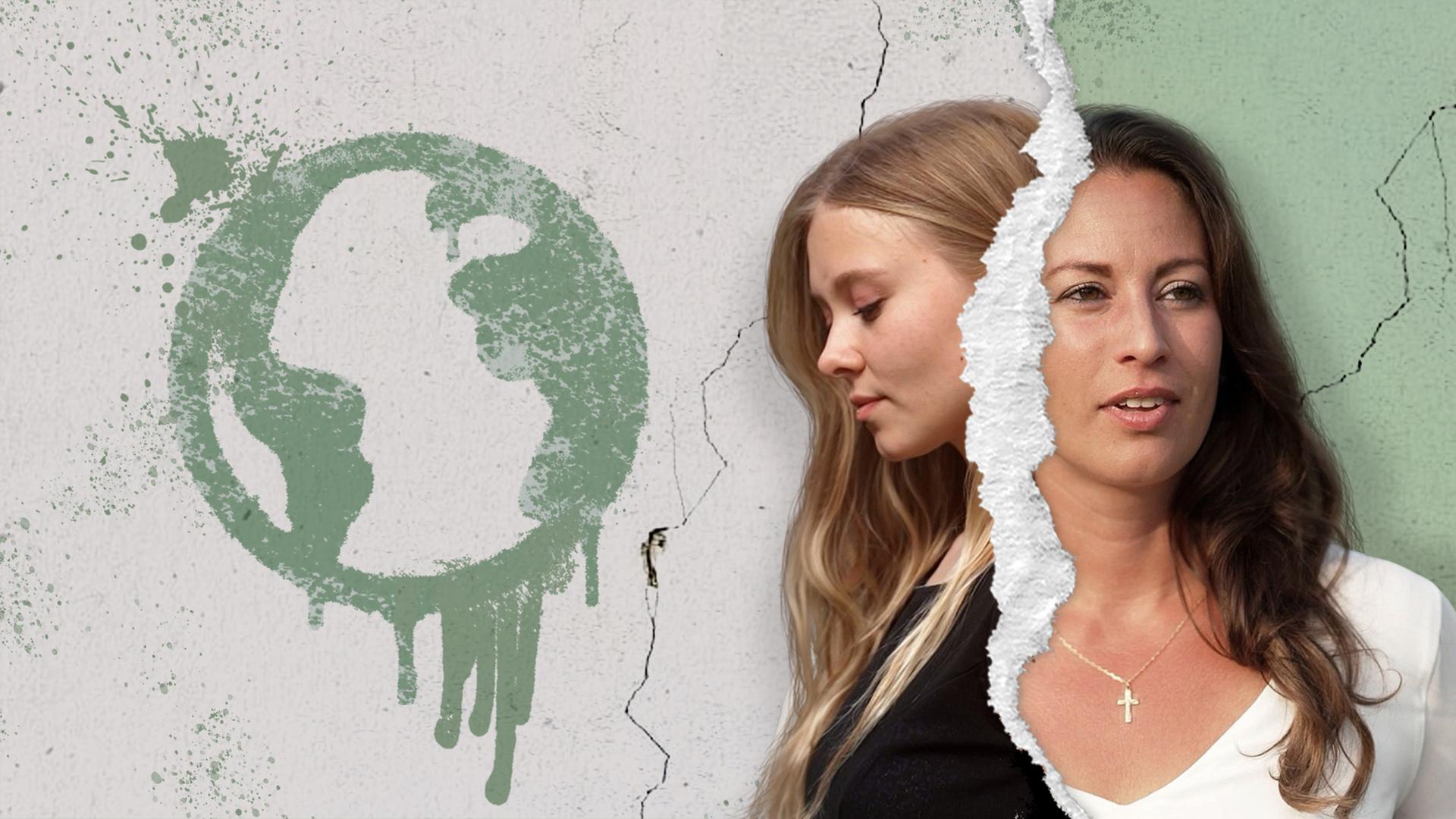 Fotocollage: Zwei Frauenköpfe getrennt durch einen Papieriss, links auf einer Wand das Graffiti einer Weltkugel.