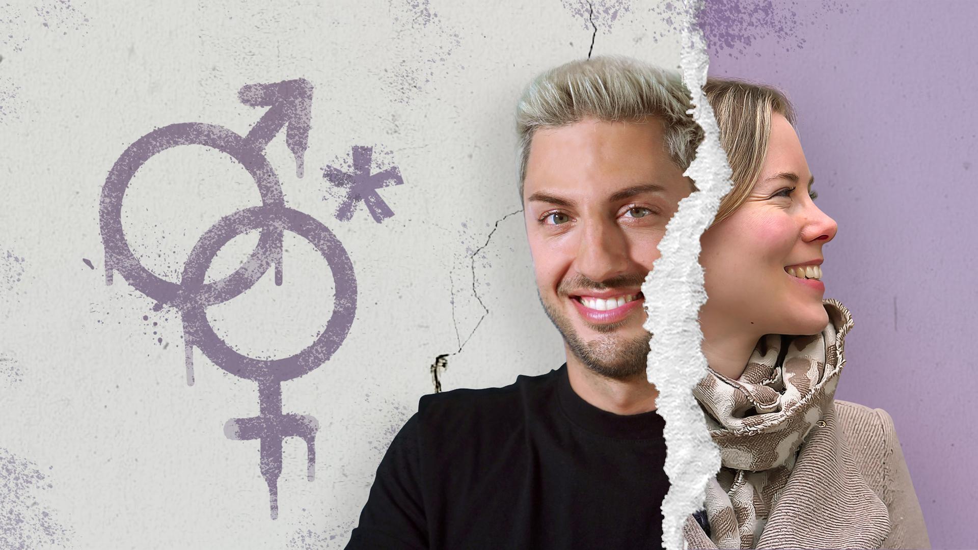 Fotocollage: Ein Männer- und ein Frauenkopf getrennt durch einen Papieriss, links auf einer Wand als Graffiti die Symbole für männlich und weiblcih sowie ein Genderstern.