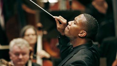 Ein Mann in schwarzem Anzug hält einen Stab in der Hand und dirigiert ein Orchester