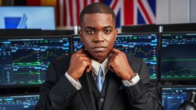 Ein junger Mann vor einer Reihe an Computerbildschirmen.