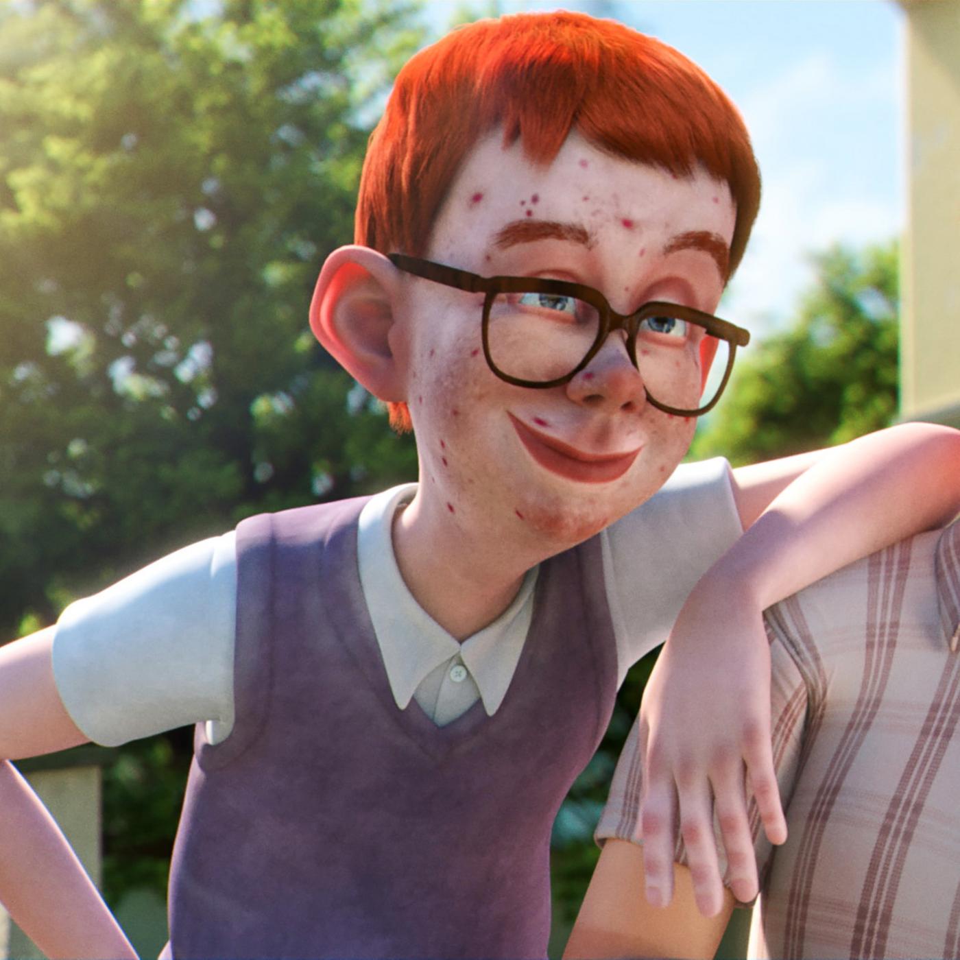 Das Bild zeigt zwei animierte Jungen. Der Junge links hat rotbraunes Haar, trägt eine Brille und hat einige Pickel im Gesicht. Der Junge rechts hat dunkles Haar und wirkt verärgert. Im Hintergrund sind Bäume und ein Gebäude sichtbar.