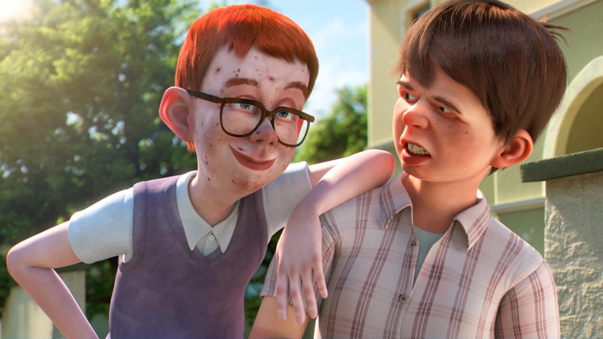Das Bild zeigt zwei animierte Jungen. Der Junge links hat rotbraunes Haar, trägt eine Brille und hat einige Pickel im Gesicht. Der Junge rechts hat dunkles Haar und wirkt verärgert. Im Hintergrund sind Bäume und ein Gebäude sichtbar.