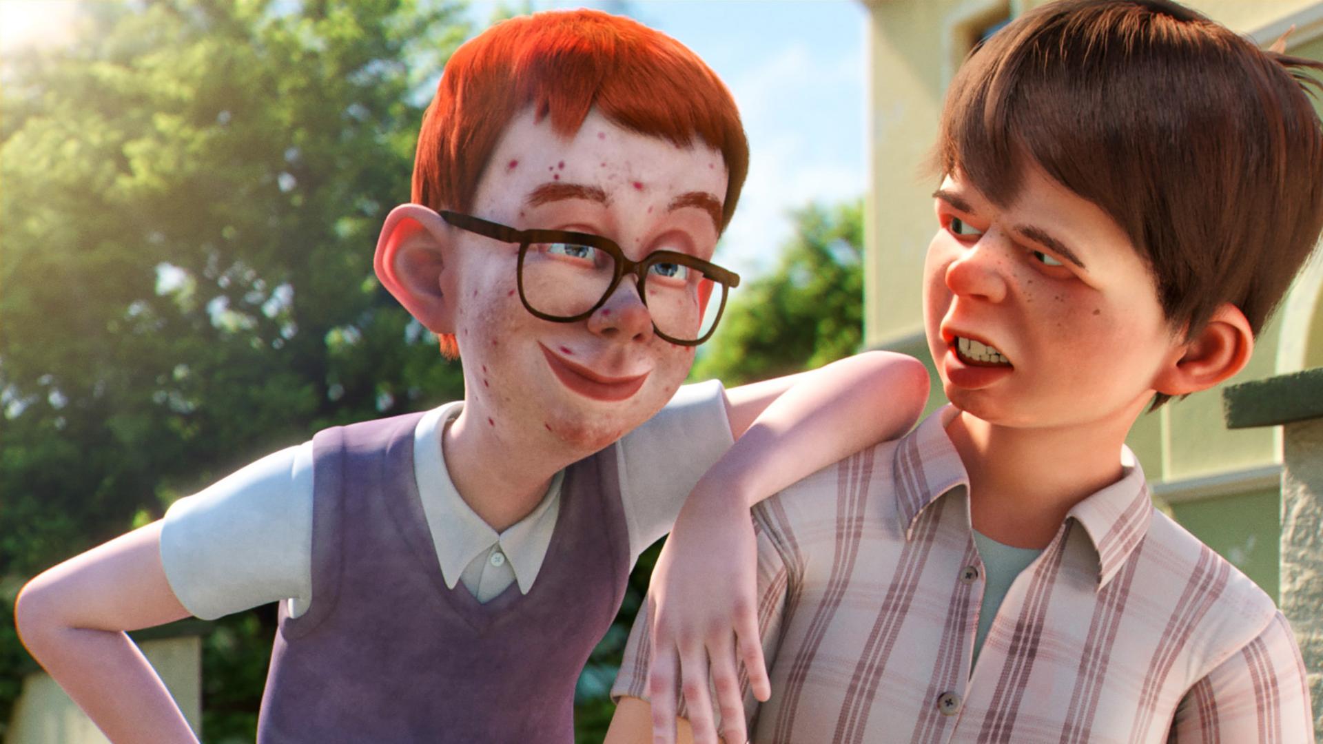 Das Bild zeigt zwei animierte Jungen. Der Junge links hat rotbraunes Haar, trägt eine Brille und hat einige Pickel im Gesicht. Der Junge rechts hat dunkles Haar und wirkt verärgert. Im Hintergrund sind Bäume und ein Gebäude sichtbar.