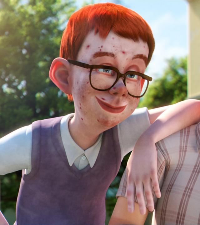 Das Bild zeigt zwei animierte Jungen. Der Junge links hat rotbraunes Haar, trägt eine Brille und hat einige Pickel im Gesicht. Der Junge rechts hat dunkles Haar und wirkt verärgert. Im Hintergrund sind Bäume und ein Gebäude sichtbar.