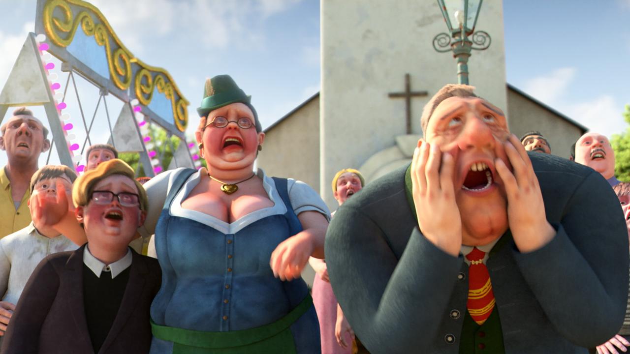 Die Darstellung zeigt eine Gruppe von Menschen mit unterschiedlichen Gesichtsausdrücken, die Aufregung oder Schock ausdrücken. Im Hintergrund sind eine Festivalkulisse und eine Kirche sichtbar.