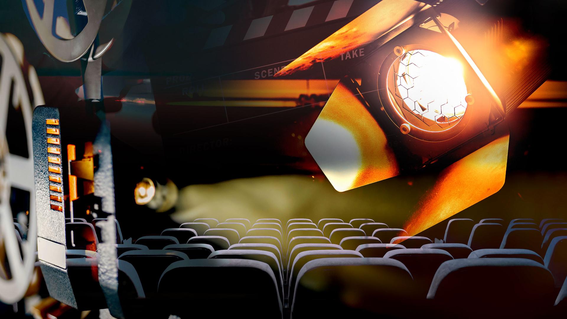 Collage aus verschiedenen Motiven, Sitzreihen im Kino, ein Filmprojektor, ein Scheinwerfer, Lichtschein