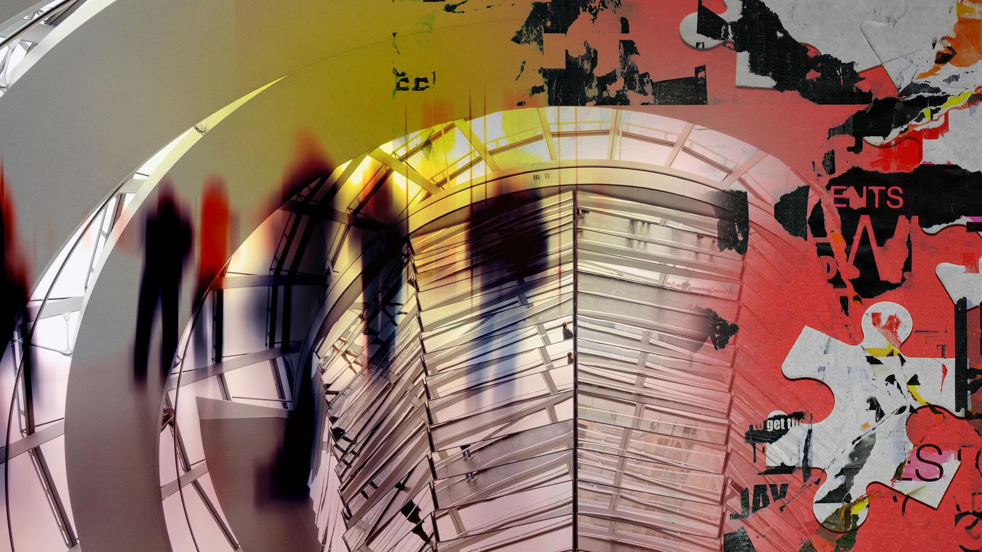 Collage unscharfe Menschen, Ausschnitt aus der Reichstagskuppel, Puzzle, Fragmente eines Plakates