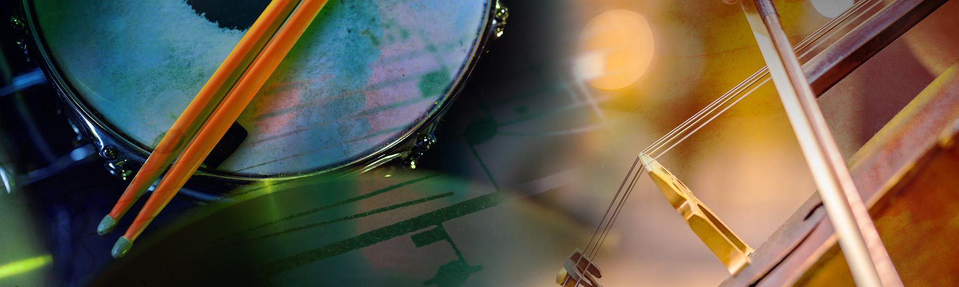 Collage verschiedener Instrumente, Cello, Schlagzeug, Noten 