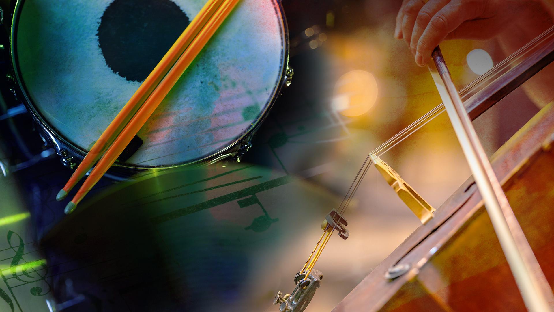 Collage verschiedener Instrumente, Cello, Schlagzeug, Noten 