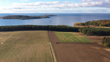 Luftaufnahme einer landwirtschaftlich genutzten Küstenlandschaft am Greifswalder Bodden mit Feldern, Waldstreifen und Blick auf das ruhige Meer und eine vorgelagerte Insel.