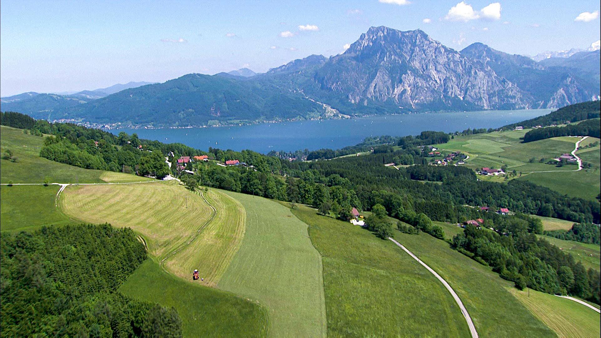 Grüne Wiesen vor einem See und einem Bergpanorama