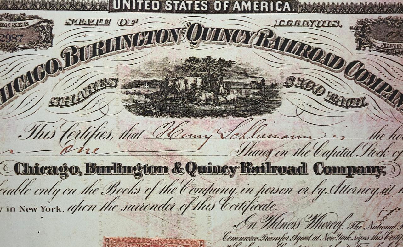 Eine amerikanische Eisenbahnaktie mit dem Namen Henry Schliemann