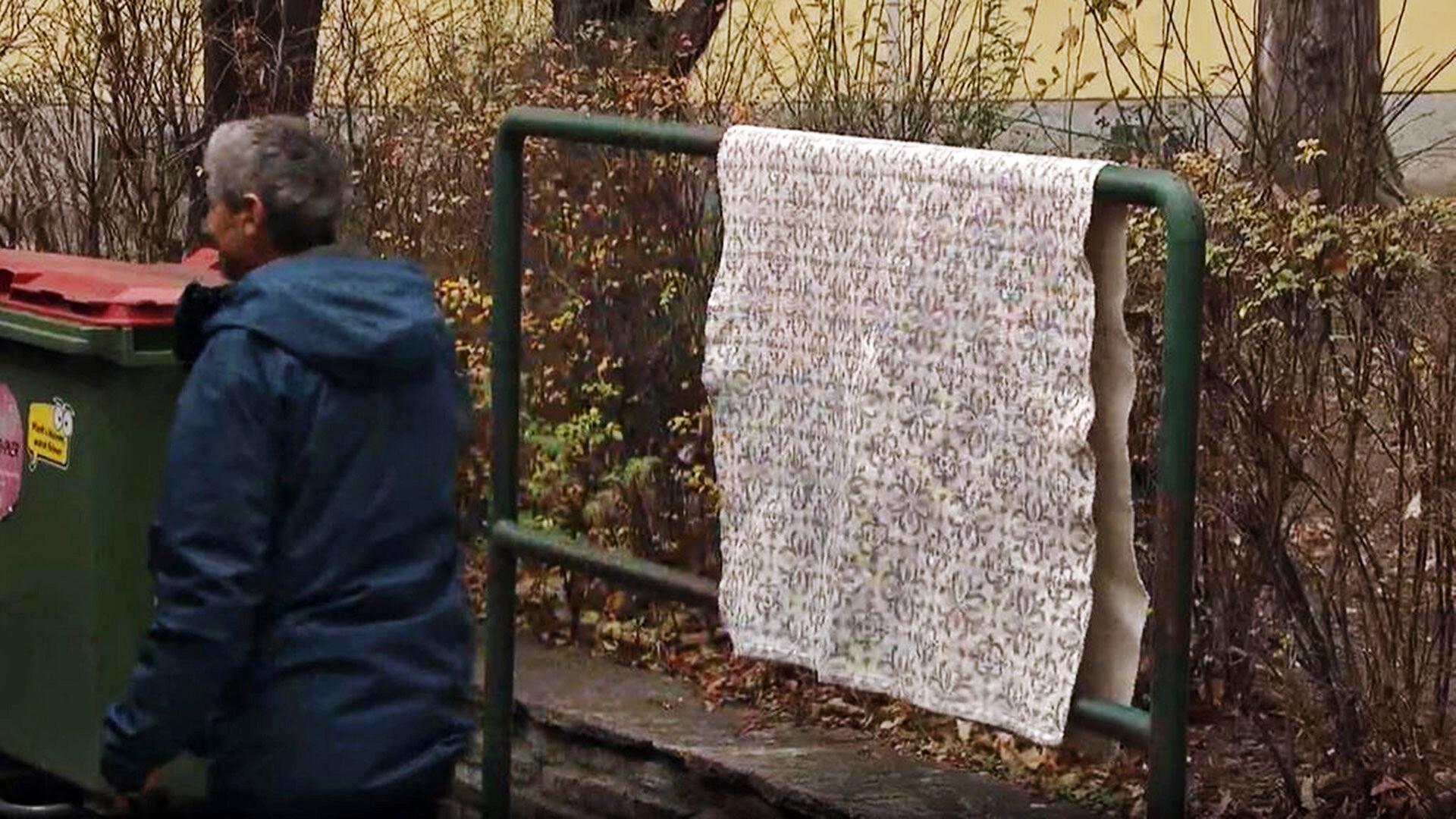 Ein kleiner Teppich an einer grünen Klopfstange