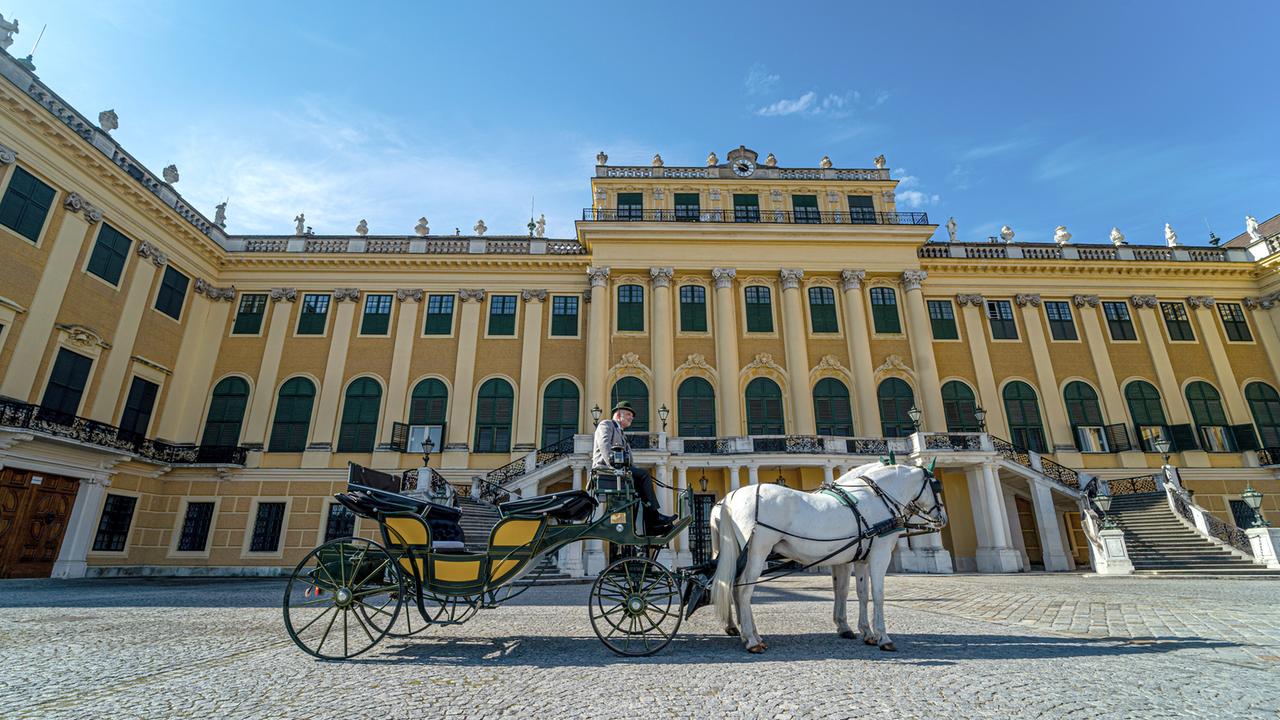 Vor dem Schloss wartet schon der Fiaker in seiner Kutsche.