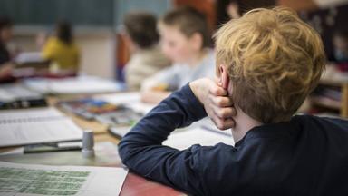 Ein Schüler ist von hinten im Klassenzimmer sitzend zu sehen. Er stützt seinen Kopf auf die Hand.