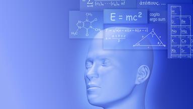Das Bild zeigt die Grafik eines menschlichen Kopfes auf mittelblauem Hintergrund. Um den Kopf herum sind mehrere mathematische und chemische Formeln zu sehen.