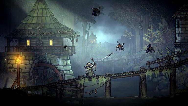 Zu sehen ist ein Screenshot aus einem animierten Videospiel, der eine Hütte zeigt, vor der eine Brücke verläuft, welche von einer Figur überquert wird.