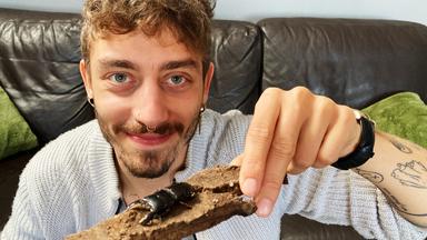 Jason hält ein Stück Holz mit einem Hirschkäfer in die Kamera.