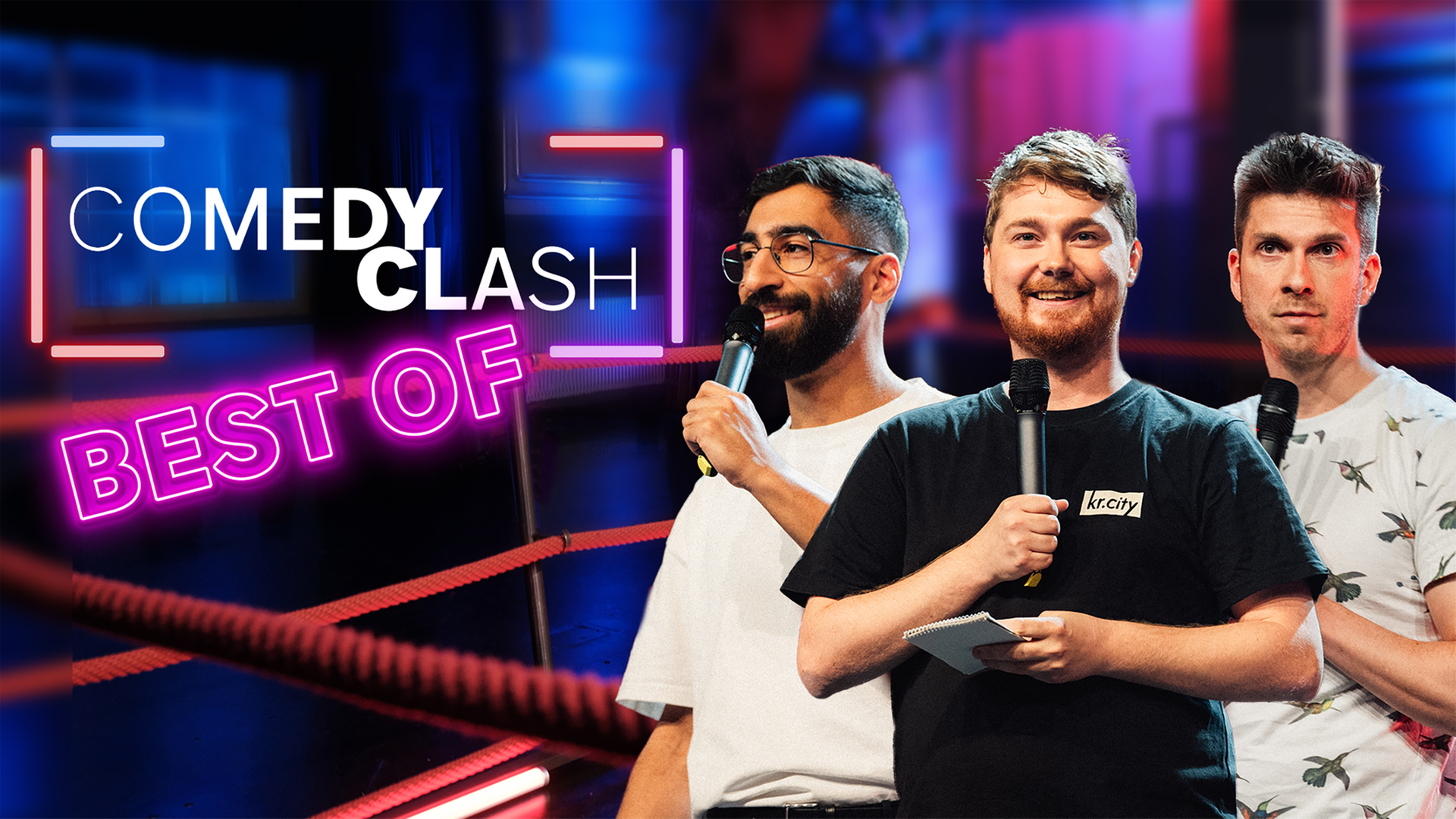 Bildmontage von Simon Stäblein, Johannes Floehr und Kawus Kalantar auf der Comedy Clash Bühne