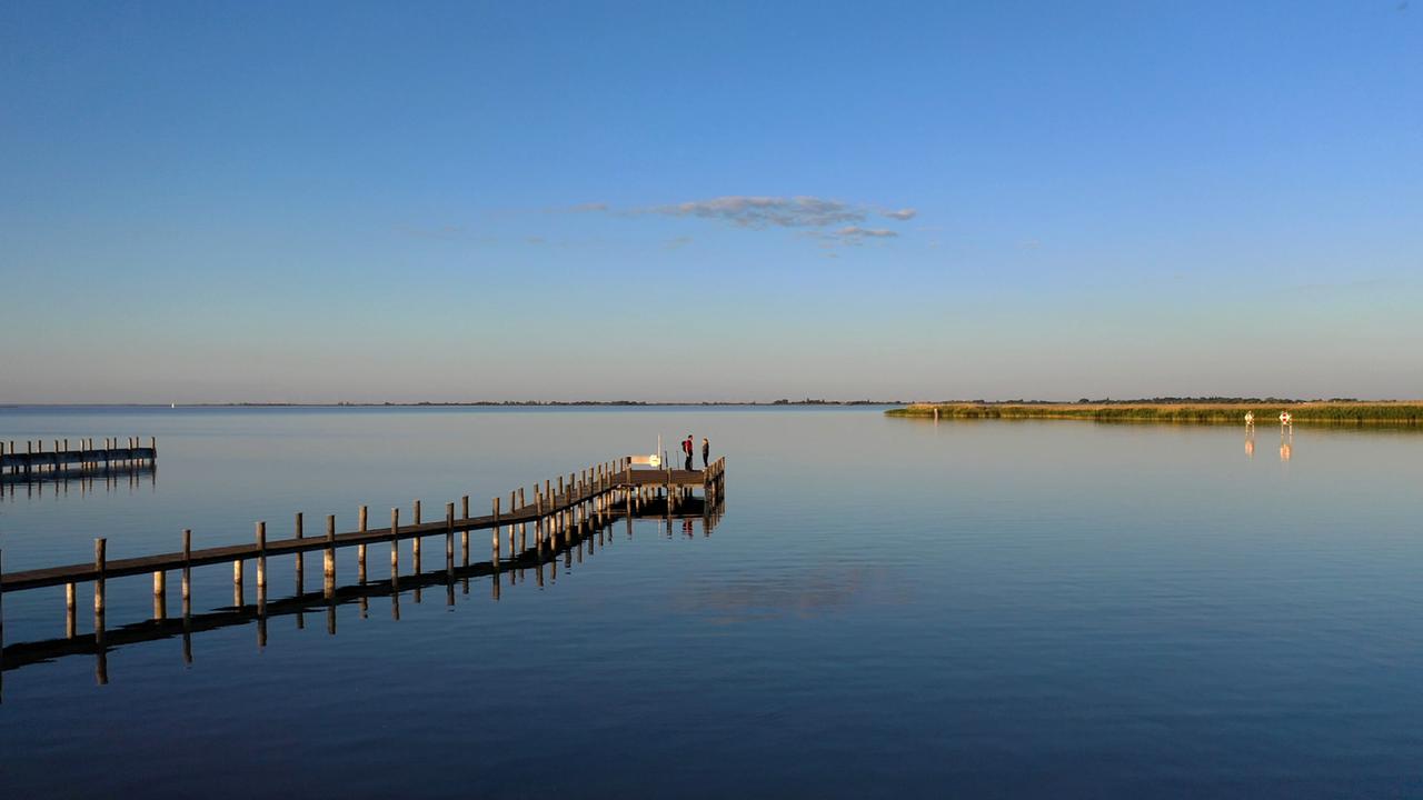 Das Bild zeigt eine ruhige Wasserlandschaft am Neusiedlersee unter einem klaren, blauen Himmel. Im Vordergrund befindet sich ein Holzsteg, der ins Wasser führt. Auf dem Steg stehen zwei Personen, die sich angeregt unterhalten. Der Steg ist von weiteren Holzpfählen umgeben, die im Wasser reflektiert werden. Am Horizont sind vereinzelt grüne Uferzonen und einige Wolken zu sehen. Die Gesamtstimmung des Bildes ist friedlich und idyllisch, was die Natur und die Weite des Sees betont.