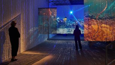 Die dunklen Umrisse zweier Personen, die vor an die Wände projizierten Bildern stehen.