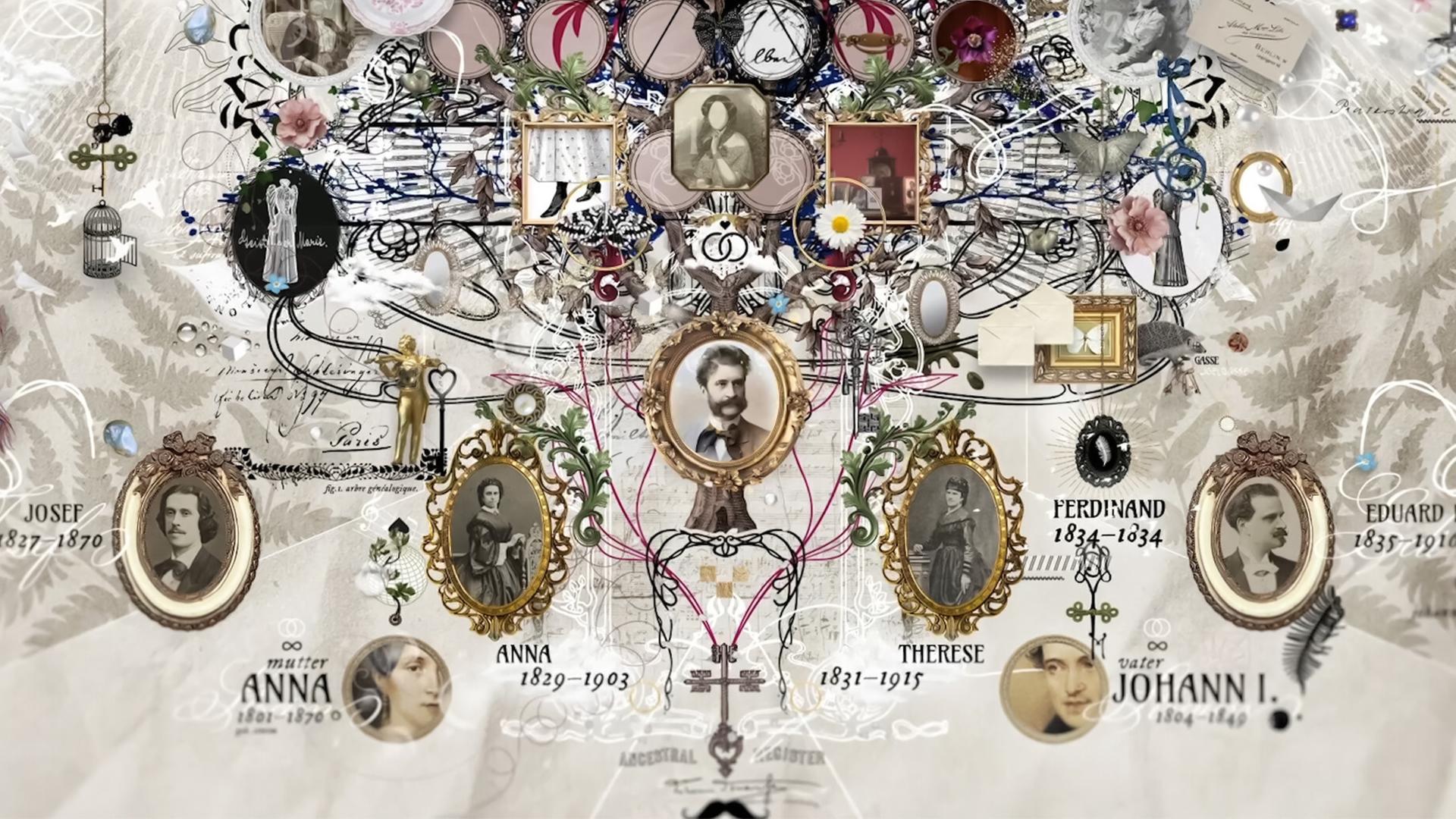 Das Bild zeigt einen kunstvoll gestalteten Stammbaum der Musikerfamilie Strauss, der auf monochromem Hintergrund mit verschiedenen dekorativen Elementen versehen ist. In der Mitte des Stammbaums ist ein Porträt von Johann Strauss II. sichtbar, umgeben von stilisierten Rahmen, die verschiedene Familienmitglieder darstellen.   Es sind insgesamt mehrere Portraits abgebildet, die in goldenen ovalen Rahmen eingefasst sind. Unter dem Porträt von Johann Strauss II. sind weitere Namen wie „Johann I.“, „Anna“ und „Therese“ vermerkt. Um die Portraits führen geschwungene Linien und dekorativ gestaltete Elemente, wie Blumen und Musikinstrumente, die dem Bild eine lebendige und nostalgische Atmosphäre verleihen.  Zusätzlich finden sich kleinere Details wie Briefe und andere Symbole, die zu einer historischen Erzählung anregen, was auf den musikalischen und familiären Hintergrund von Johann Strauss hinweist. Die Gesamtkomposition wirkt filigran und vermittelt den Eindruck von einem reichen kulturellen Erbe.