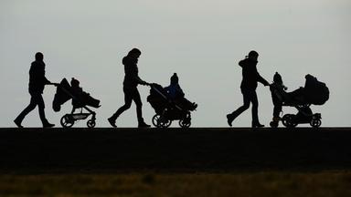 s/w Drei Mütter schieben Kinderwagen.