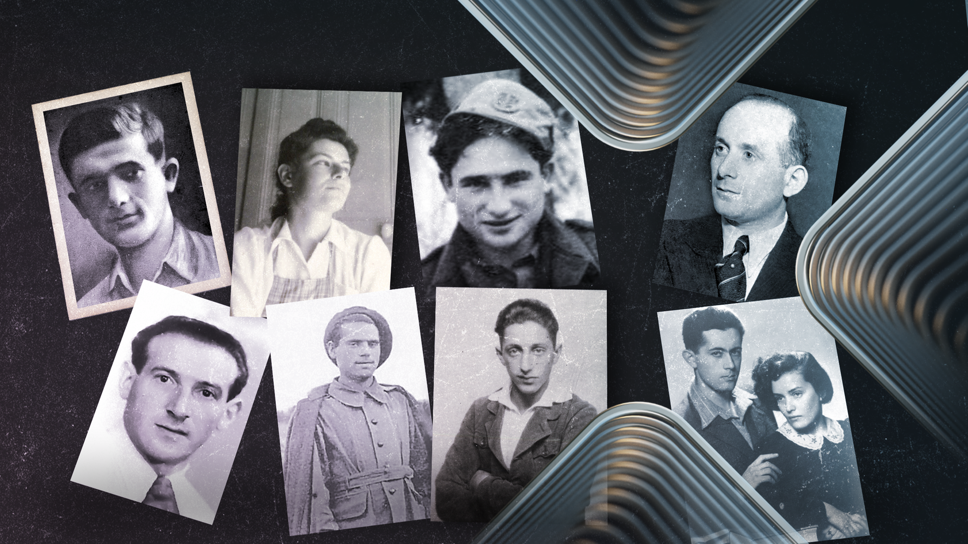 Von links, obere Reihe: Mordechai Anielewicz, (Anführer Ghettoaufstand in Warschau); Marianne Cohn (rettete jüdische Kinder aus Frankreich); Aron Bielski (jüdischer Partisan); Werner Scharff, („Gemeinschaft für Frieden und Aufbau, Luckenwalde); untere Reihe: Chaim Engel, (Lageraufstand Sobibor); Peter Gingold, (Résistance, Frankreich); Herbert Baum (Widerstandsgruppe Berlin); Szymon und Gusta Draenger (Widerstandsgruppe Krakau)