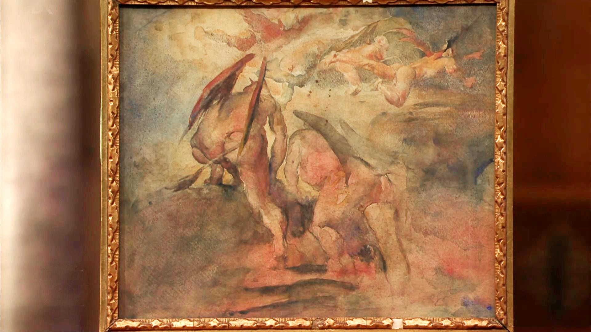 Ein Aquarellbild, auf dem kletternde und fliegende nackte, menschenähnliche Personen zu sehen sind. Alle haben spitzige Flügel.