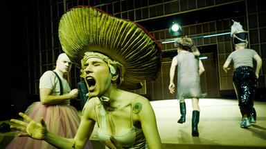 Bühnenszene: Eine Frau mit einem Pilzhut schreit, links daneben steht ein Mann, der ein rosa Tütü trägt. Zwei kostümierte Personen befinden sich im Hintergrund.