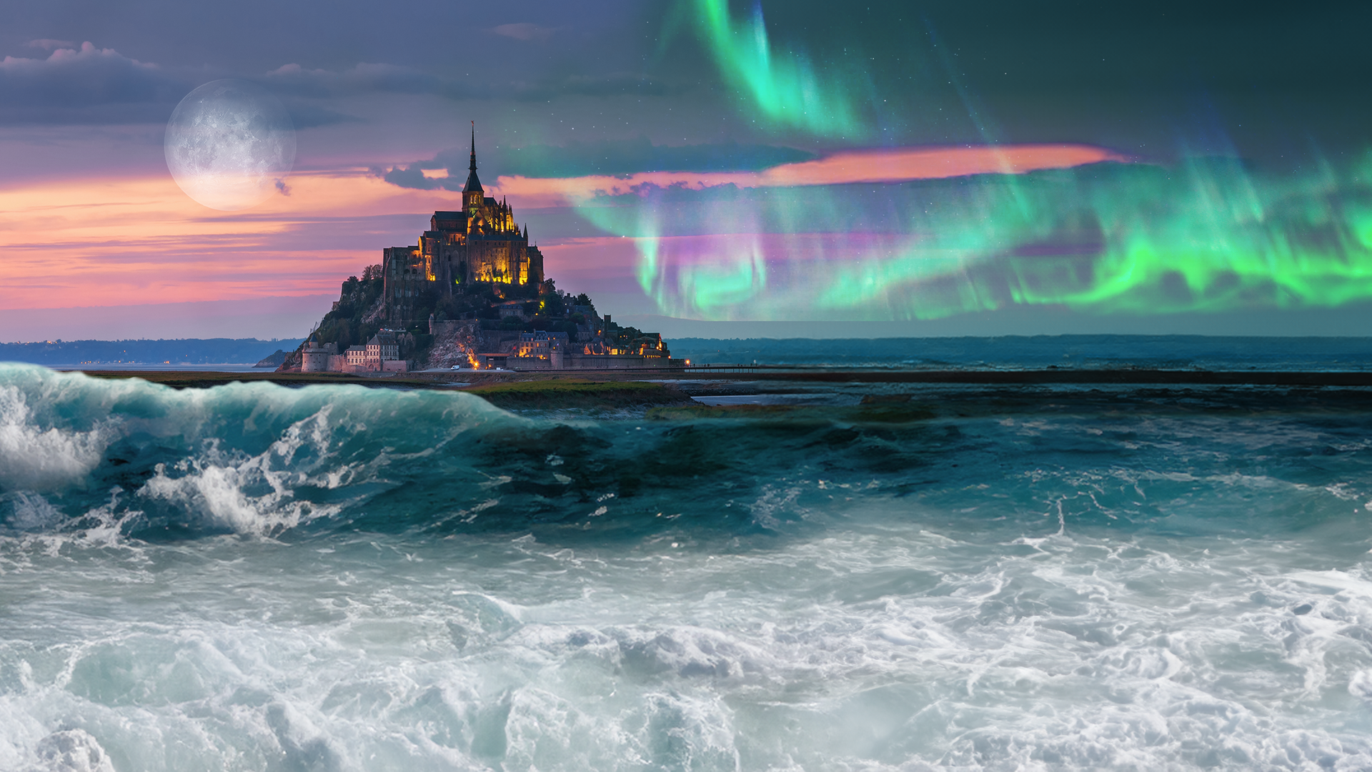 Collage: Wellen im Vordergrund, im Hintergrund Mont St. Michel, am Himmel der Mond und Polarlichter.