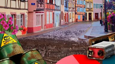 obere Bildhälfte: eine malerische Fachwerkhäuserzeile; untere Bildhälfte: Erdreich mit Sondermüll