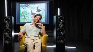 Ein Mann posiert in einem gelben Sessel in einem schwarzen Raum, links und rechts neben ihm stehen große Musik-Boxen, dahinter sieht man ein Kunstwerk mit Vögeln darauf.