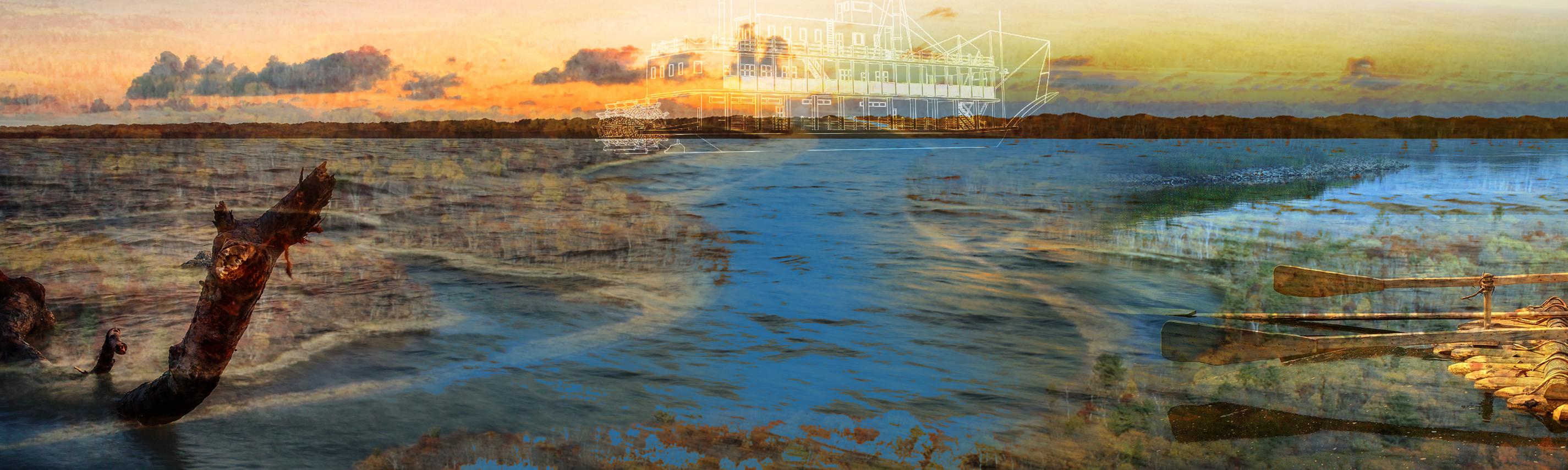collage Ufer des Mississipi, Ruderboot und Zeichnung eines Raddampfers