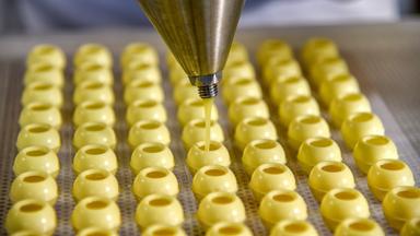 Pralinenhüllen werden mit Creme befüllt