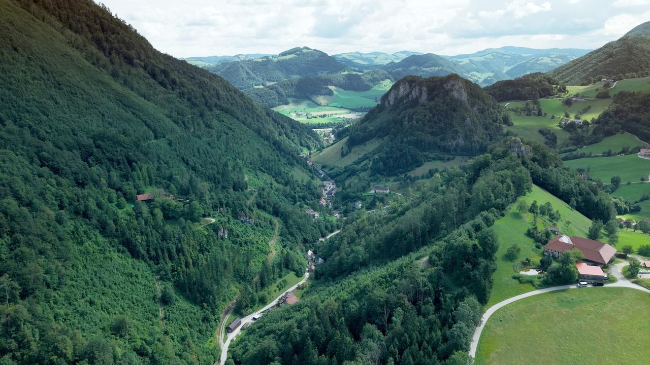 Das Bild zeigt eine weite landschaftliche Ansicht des Trattenbachtals, umgeben von sanften Hügeln und steilen Bergen. Die Vegetation ist üppig und grün, mit dichten Wäldern, die die Berghänge bedecken. Im Vordergrund verläuft ein geschwungener Weg, der durch die Landschaft führt.   In der Mitte des Tals sind kleine Gebäude sichtbar, die Teil eines Dorfes oder einer Siedlung sein könnten. Der Trattenbach, ein schmaler Fluss, durchzieht das Tal und trägt zur malerischen Schönheit der Region bei. Die Bögen der Hügel und die sanften Täler schaffen eine harmonische und entspannende Atmosphäre.   Der Himmel ist größtenteils bewölkt, was auf eine milde Wetterlage hindeutet. Insgesamt vermittelt das Bild ein Gefühl von unberührter Natur und traditioneller ländlicher Idylle in der Region Ennstal.